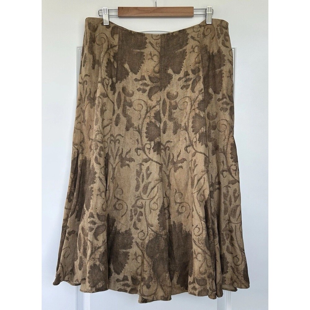 Lauren Ralph Lauren Linen Brown Floral Godet Midi Skirt 12 Timeless Earth Tones